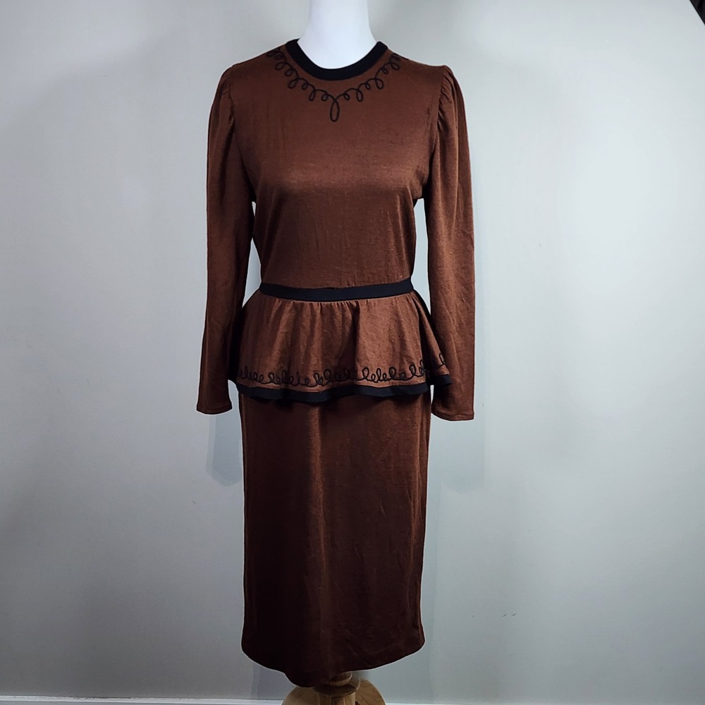 Vintage 70s 100% Wool Peplum Dress Womens 6 Brown Embroidered Career Modest Work